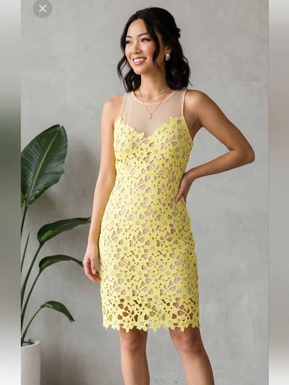 Lovers + Friends Larissa Dress  Sunshine Illusion Mesh Crochet  Mini Size Medium